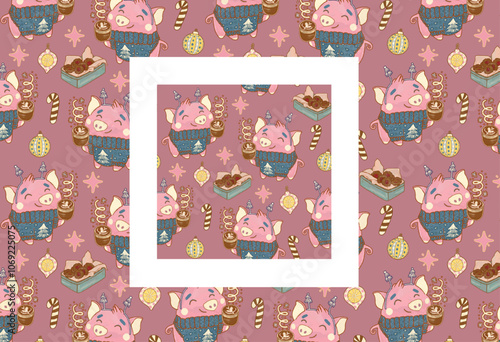 Pink Christmas cozy pattern. Funny dressed pig babies in festive sweaters with a cup of cocoa and cookies