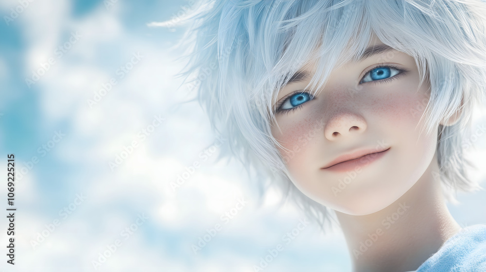 A character with short white hair and vibrant blue eyes smiles warmly. The backdrop features a clear blue sky, creating a cheerful and inviting atmosphere that draws viewers in. A character with short white hair and vibrant blue eyes smiles warmly. The backdrop features a clear blue sky, creating a cheerful and inviting atmosphere that draws viewers in.