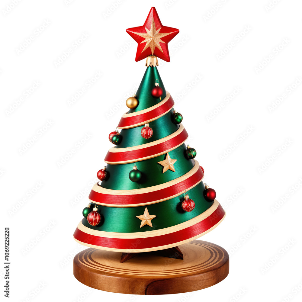 A wooden Christmas tree with red and green ornaments and a star on top on transparent background A wooden Christmas tree with red and green ornaments and a star on top on transparent background