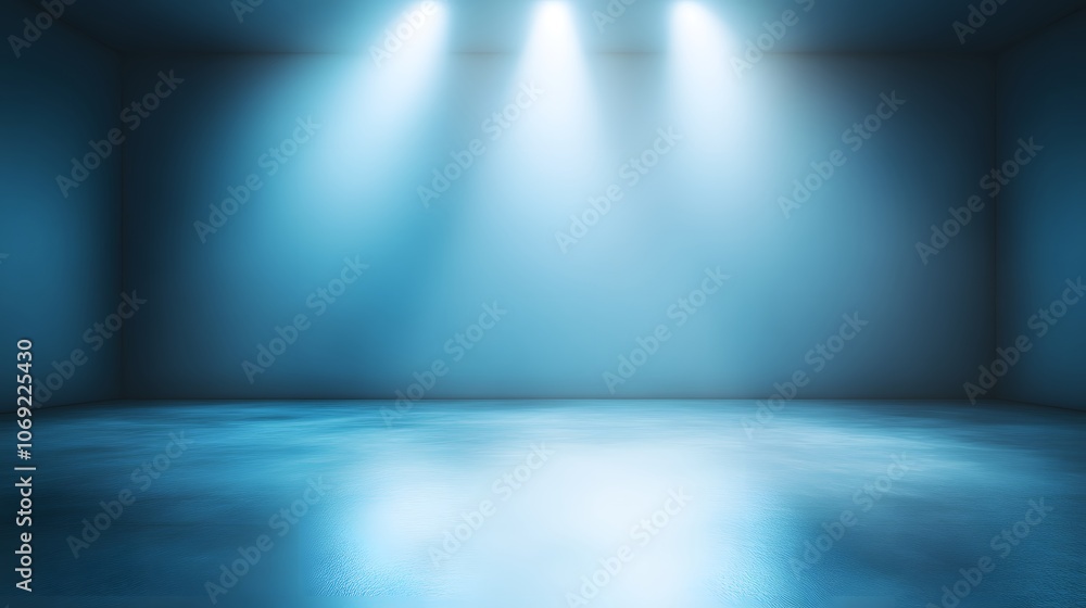 Perspective floor backdrop in a blue room studio with a light blue gradient spotlight. Ideal for showcasing products or artwork with a clean and elegant display background. Perspective floor backdrop in a blue room studio with a light blue gradient spotlight. Ideal for showcasing products or artwork with a clean and elegant display background.