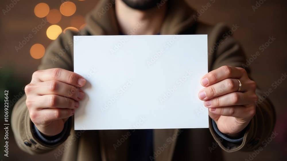 Obraz premium Close-up photo of a man's hands holding a white sheet on a bokeh background