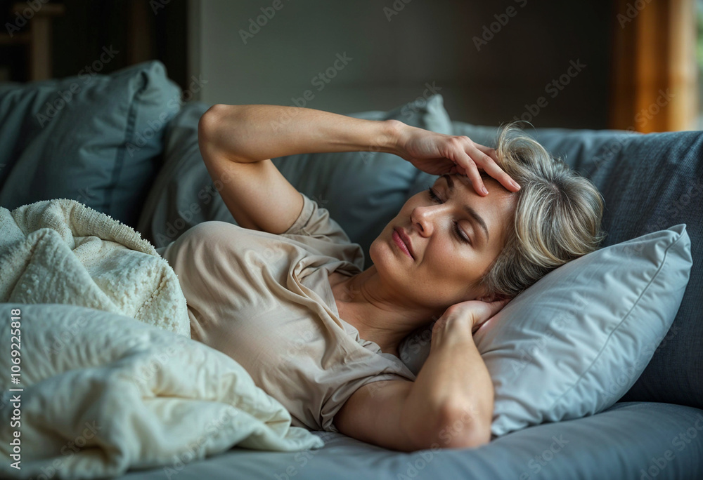 A frail middle-aged woman lies on a sofa, holds her hand to her forehead, feels pain, feels dizzy, suffers from symptoms of menopause. A frail middle-aged woman lies on a sofa, holds her hand to her forehead, feels pain, feels dizzy, suffers from symptoms of menopause.