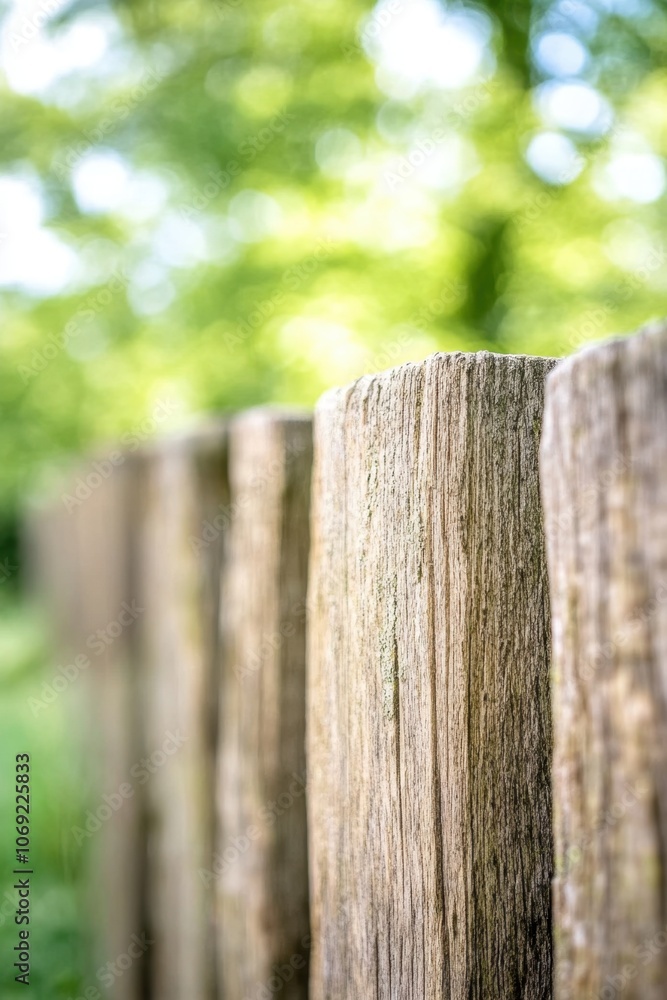 Close-up of a weathered wooden fence in a lush, green environment Close-up of a weathered wooden fence in a lush, green environment