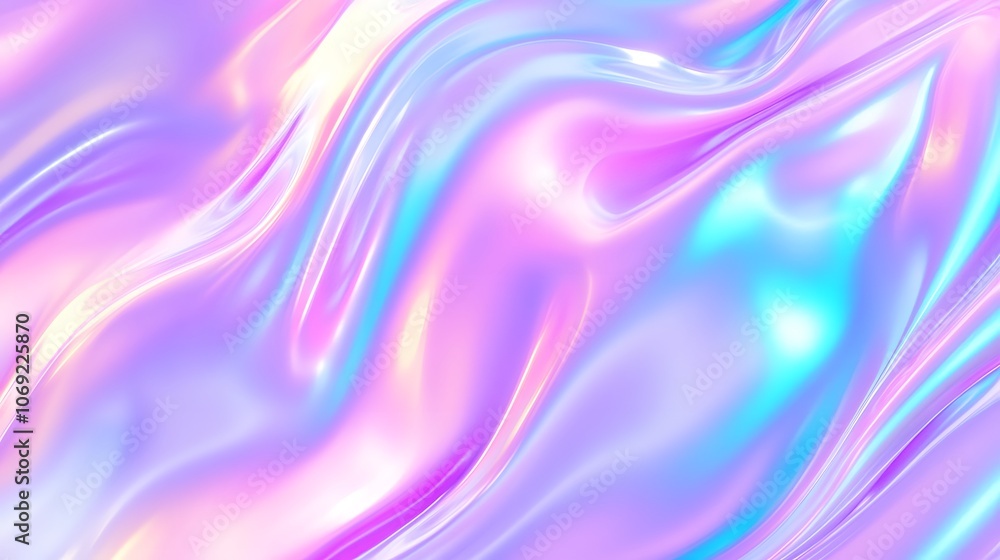 Obraz premium Purple background with holographic texture and iridescent effect, featuring a dreamy pattern with rainbow gradient colors in pink and blue. Perfect for creating a vibrant and cute visual appeal.