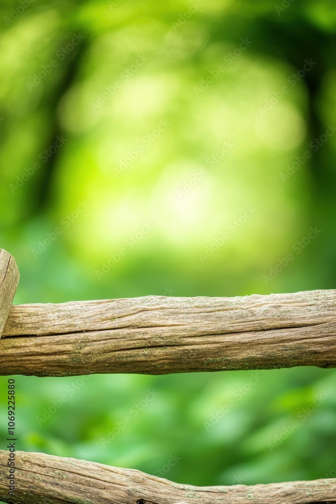 Blurred green nature background with wooden planks in the foreground Blurred green nature background with wooden planks in the foreground