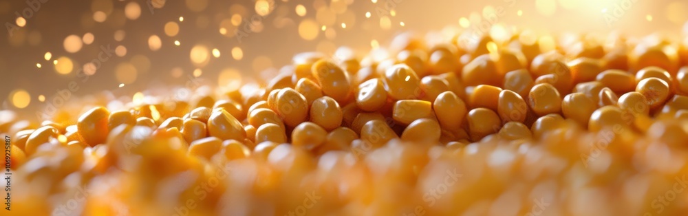Close-up view of golden corn kernels with sparkling lights in the background Close-up view of golden corn kernels with sparkling lights in the background