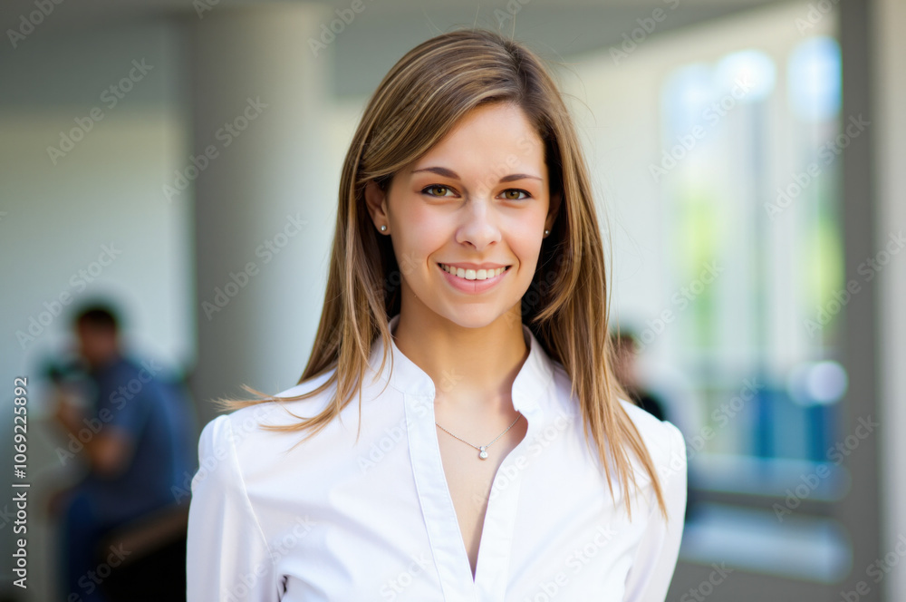 © Minerva Studio - Young businesswoman smiling in modern office building lobby