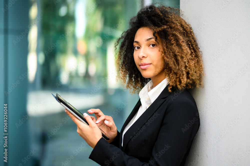 Confident young businesswoman using digital tablet in modern office building Confident young businesswoman using digital tablet in modern office building