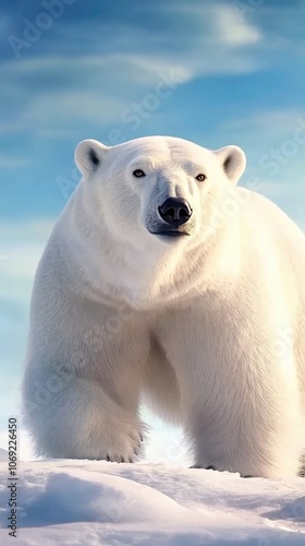 Close-up view of a polar bear in natural habitat showcasing its gentle nature against a vibrant sky