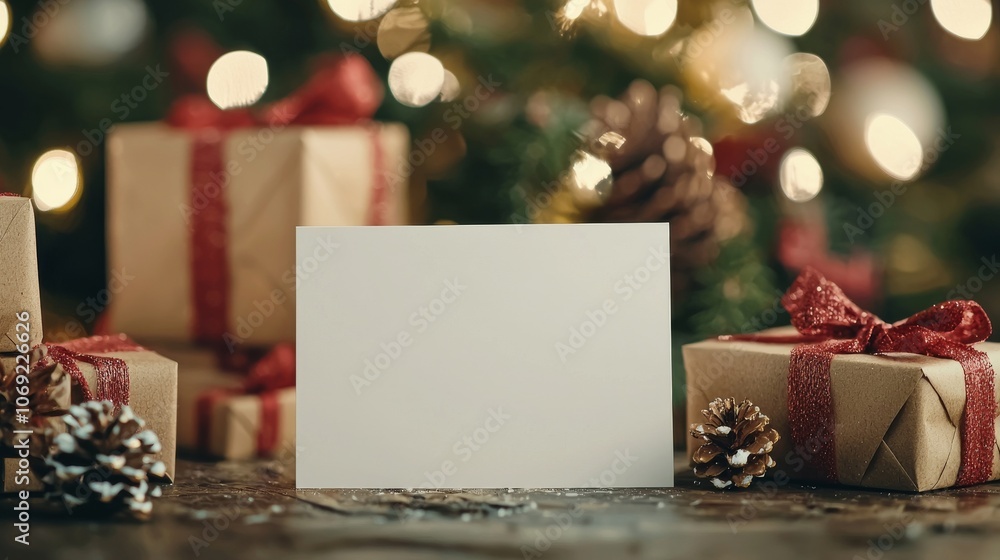 A blank greeting card beautifully surrounded by an array of colorful Christmas gifts and ornaments