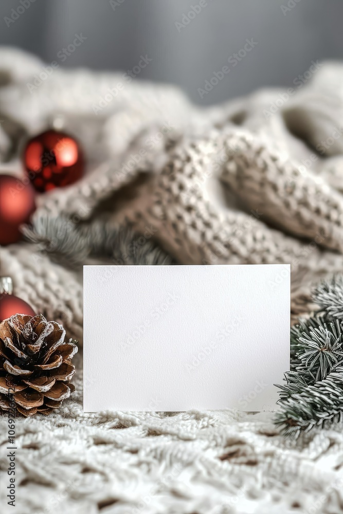 A Blank Holiday Card Displaying on a Cozy Knit Surface Surrounded by Cheerful Festive Decorations