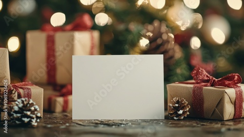 Obraz na płótnie A blank greeting card beautifully surrounded by an array of colorful Christmas gifts and ornaments w salonie