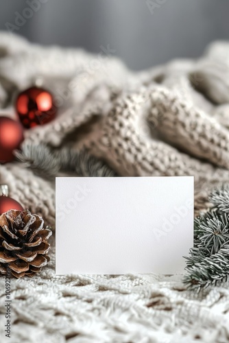 Obraz na płótnie A Blank Holiday Card Displaying on a Cozy Knit Surface Surrounded by Cheerful Festive Decorations w salonie