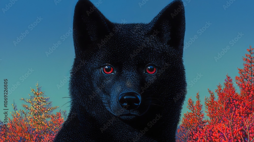 A magnificent Black Wolf with stunning Red Eyes in a breathtaking Autumn Landscape setting