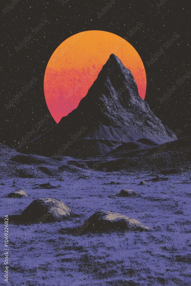 A breathtaking retro futuristic mountain landscape with a vibrant, colorful sunset