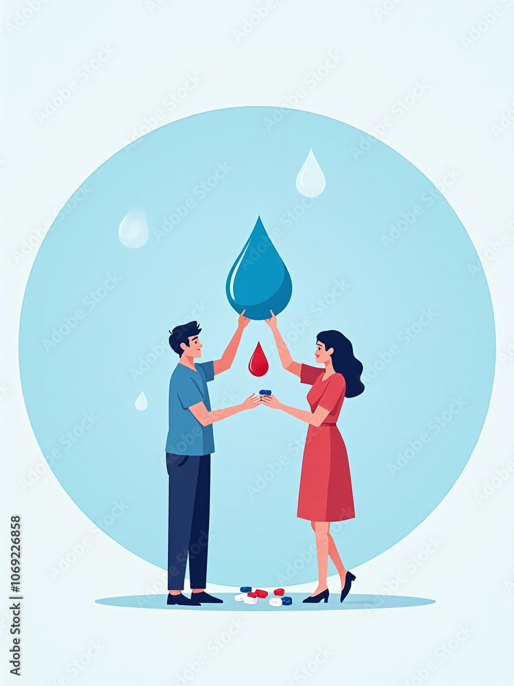 world diabetes day Men and women help each other to lift a drop of blood in a blue circle and drugs related to diabetes around vector design world diabetes day Men and women help each other to lift a drop of blood in a blue circle and drugs related to diabetes around vector design