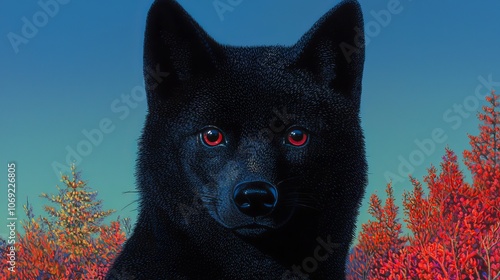 Obraz na płótnie A magnificent Black Wolf with stunning Red Eyes in a breathtaking Autumn Landscape setting w salonie