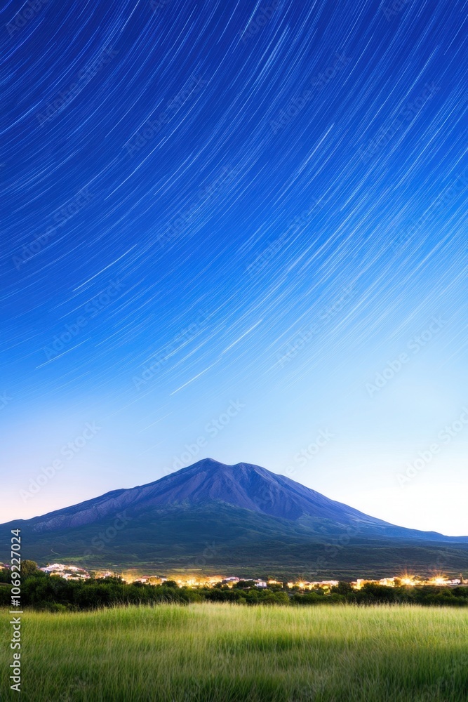 Fototapeta premium Stunning night sky with star trails over a majestic mountain landscape