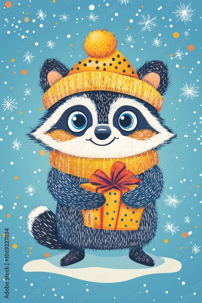 An adorable festive raccoon joyfully holding a gift in a beautiful winter wonderland scene