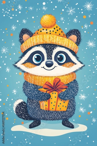 Obraz na płótnie An adorable festive raccoon joyfully holding a gift in a beautiful winter wonderland scene w salonie