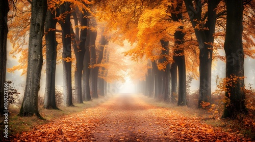 Quiet autumn forest path covered in fallen leaves, surrounded by trees with vibrant orange and yellow foliage, and a soft mist that adds a serene and peaceful ambiance. photo