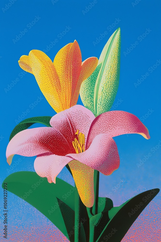 A Beautiful and Colorful Flower Arrangement Set Against a Bright Blue Background