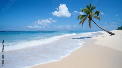 Wallpaper Mural Quiet beach with pristine white sand, gentle waves caressing the shore, and a solitary palm tree leaning gracefully over the tranquil water Torontodigital.ca