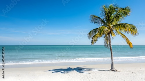 Quiet beach with pristine white sand, gentle waves caressing the shore, and a solitary palm tree leaning gracefully over the tranquil water