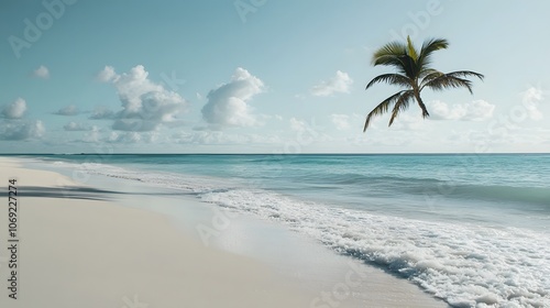 Wallpaper Mural Quiet beach with pristine white sand, gentle waves caressing the shore, and a solitary palm tree leaning gracefully over the tranquil water Torontodigital.ca