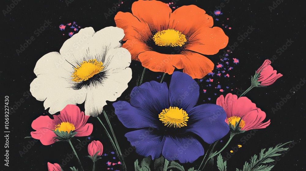 A Beautiful and Colorful Floral Arrangement Displayed on a Black Background Surface