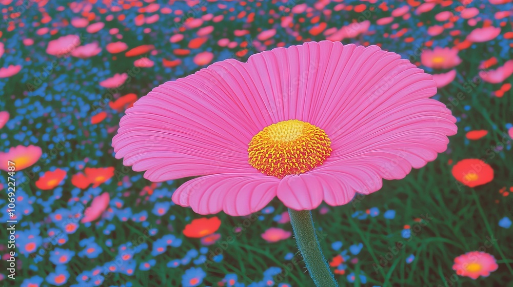 A vibrant pink flower stands out in a beautifully colorful meadow, exhibiting natures beauty