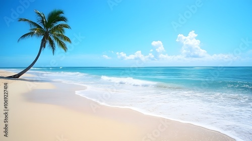 Wallpaper Mural Quiet beach with pristine white sand, gentle waves caressing the shore, and a solitary palm tree leaning gracefully over the tranquil water Torontodigital.ca