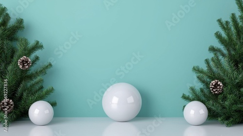 Explore Minimalist Holiday Decor Featuring Elegant White Orbs and Charming Pine Trees