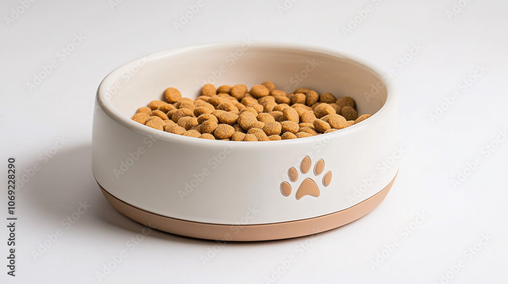White Ceramic Dog Bowl with Paw Print Design Filled with Kibble White Ceramic Dog Bowl with Paw Print Design Filled with Kibble