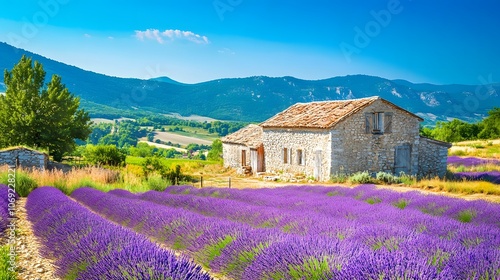 Quiet countryside featuring rolling fields of lavender, a charming farmhouse, and a clear blue sky photo