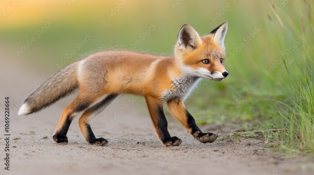 A curious fox exploring its natural habitat in vibrant colors under soft lighting during a serene moment A curious fox exploring its natural habitat in vibrant colors under soft lighting during a serene moment