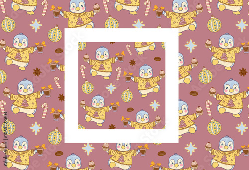 Pink Christmas cozy pattern. Cute dressed up penguin in a festive sweater with a cup of cocoa and a cake