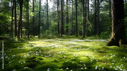 Quiet forest clearing adorned with wildflowers, tall trees, and a soft blanket of moss. This serene spot offers a peaceful escape into nature’s tranquility. photo