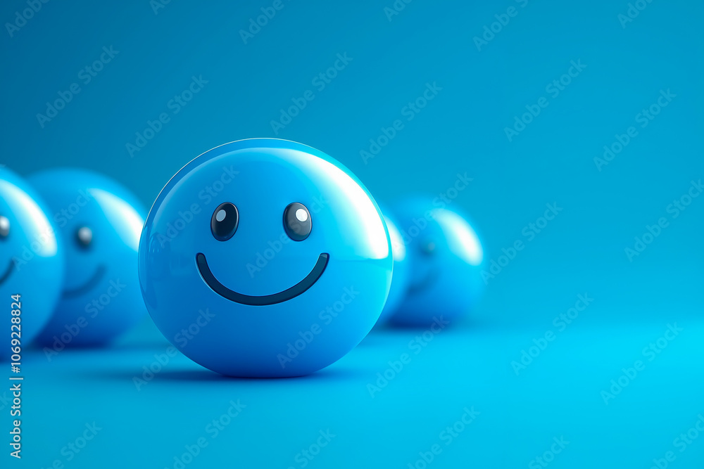A group of blue smiley faces in a row on a blue background A group of blue smiley faces in a row on a blue background