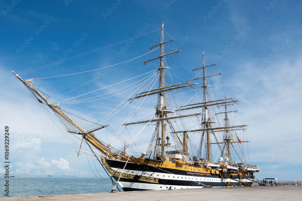 A beautiful view of the old historic Italian navy ship, Amerigo Vespucci, ported at the Deep Sea Cruise Terminal, Phuket, Thailand. A beautiful view of the old historic Italian navy ship, Amerigo Vespucci, ported at the Deep Sea Cruise Terminal, Phuket, Thailand.