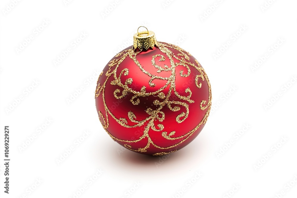 Red Christmas ball with golden patterns on white. Red Christmas ball with golden patterns on white.