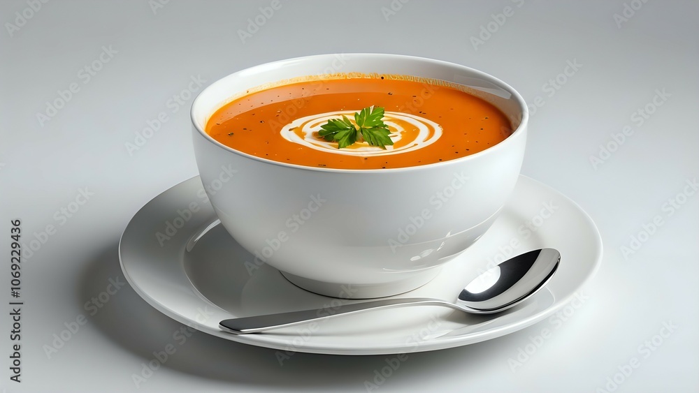 A bowl of tomato soup with a swirl of cream and a sprig of parsley, served with a spoon on a white saucer. A bowl of tomato soup with a swirl of cream and a sprig of parsley, served with a spoon on a white saucer.