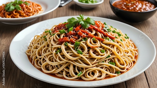 Close-up of a plate of delicious Chinese noodles with vegetables and sauce.