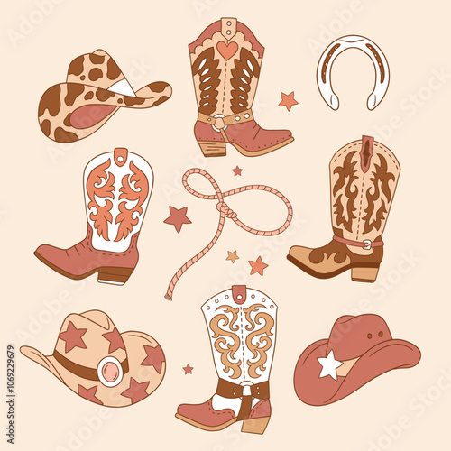 Set of western cowboy boots and hats. Hand drawn vector rodeo clipart. EPS 10 vector file.