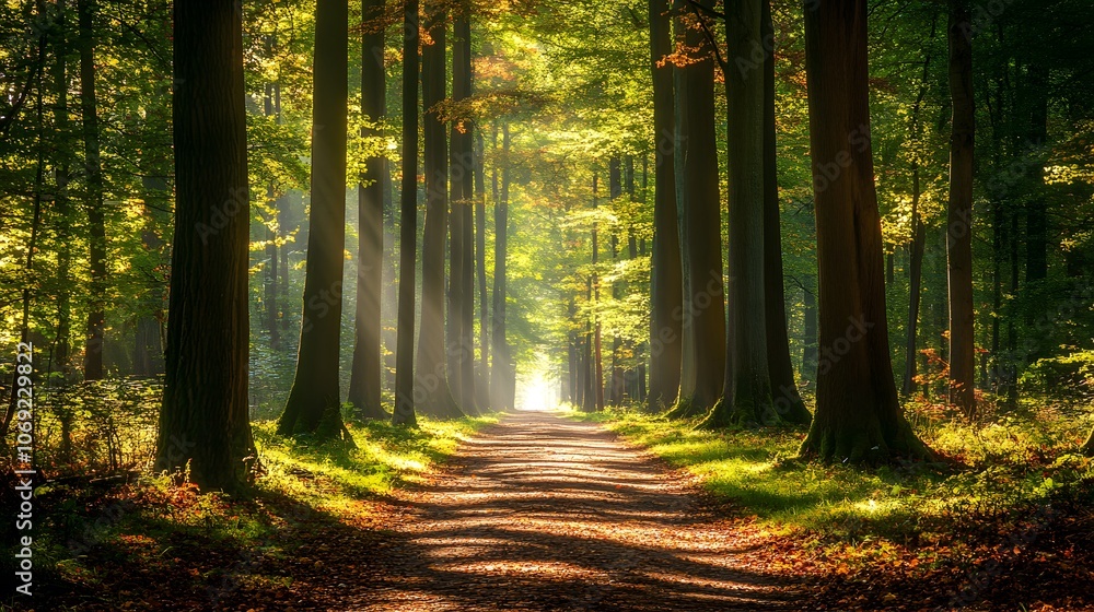Fototapeta premium Quiet forest path with tall trees lining the way, sunlight filtering gently through the leafy canopy, and a soft carpet of fallen leaves covering the ground