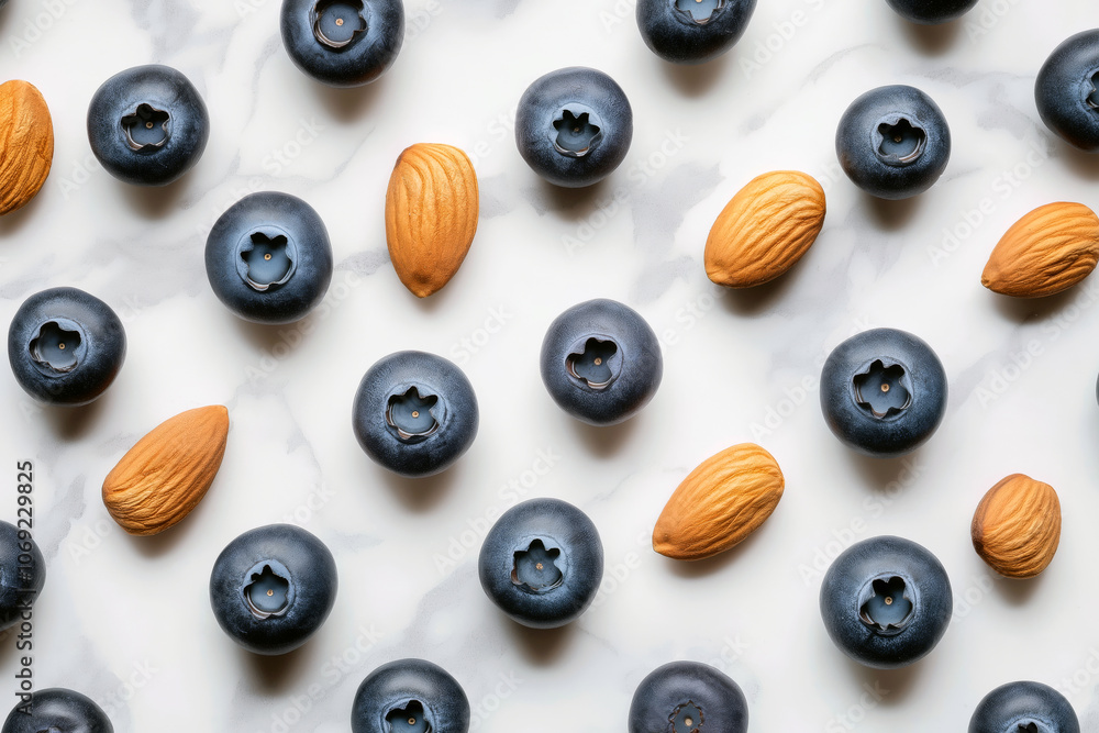Fresh blueberries and almonds arranged in a pattern on a marble background, showcasing their natural beauty and health benefits. Fresh blueberries and almonds arranged in a pattern on a marble background, showcasing their natural beauty and health benefits.