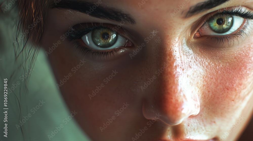 Fototapeta premium A close-up of a young woman with striking green eyes and natural skin tones focusing directly on the viewer in a softly lit environment