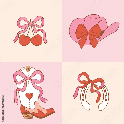 Set of western cowgirl boots hat and cherry with bow. Hand drawn vector romantic girly rodeo clipart. EPS 10 vector file.