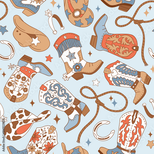Seamless vector pattern with western cowgirl boots. Hand drawn girly rodeo background. EPS 10 vector file. Perfect for textile, wallpaper or nursery print design.