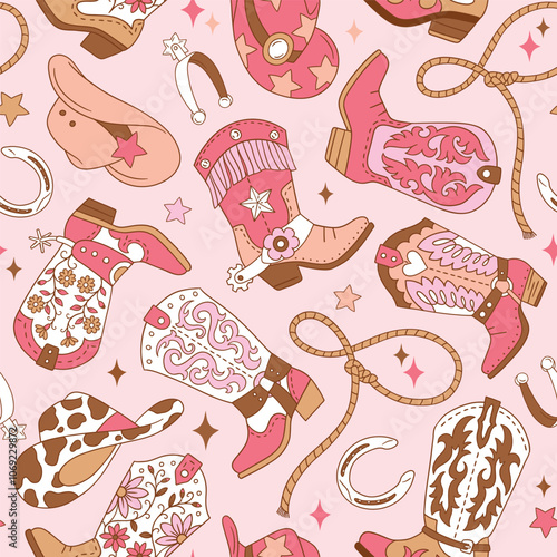Seamless vector pattern with western cowgirl boots. Hand drawn girly rodeo background. EPS 10 vector file. Perfect for textile, wallpaper or nursery print design.